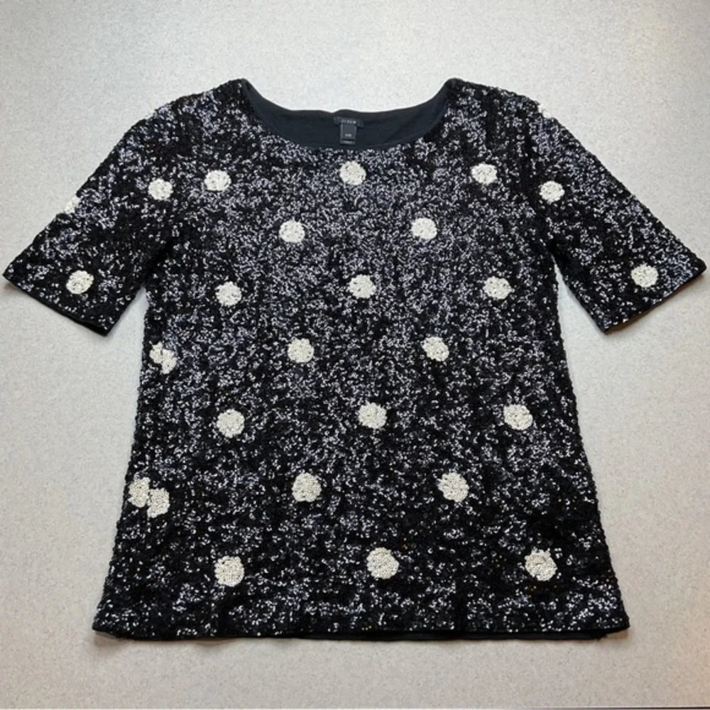 J. Crew Polka Dot Sequin Top XXS Black‎ & Cream Short Sleeve